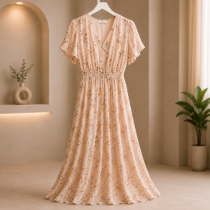 👗 فستان نسائي طويل بنقشة زهور وأكمام كشكشة – بيج